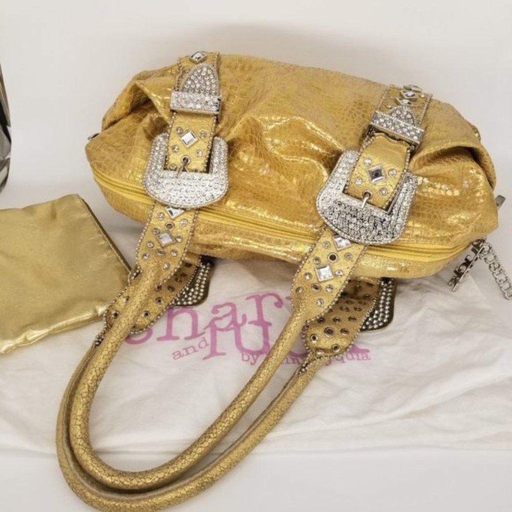 CHARM & LUCK LEATHER GOLD CRYSTAL JEWELED HANDBAG - Picture 9 of 11